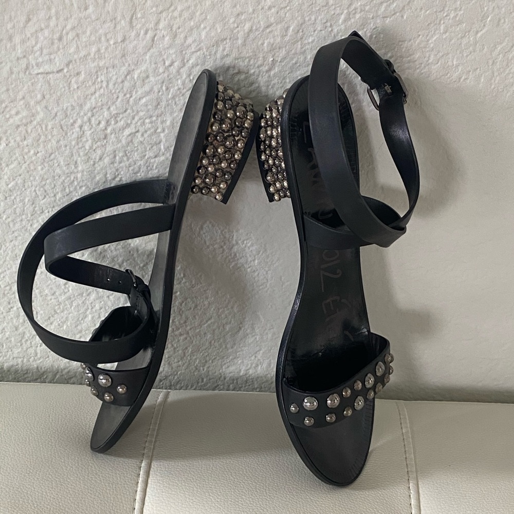 LANVIN Blk Studded LowHeel Ankle Wrap Sandals 37.5 - Picture 1 of 5